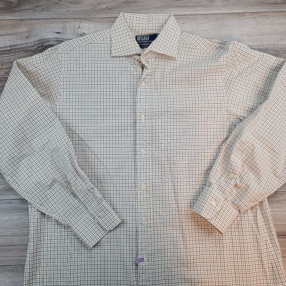 Polo Ralph Lauren Regent Classic-Fit White Tan Plaid Dress Shirt 16.5 34/35